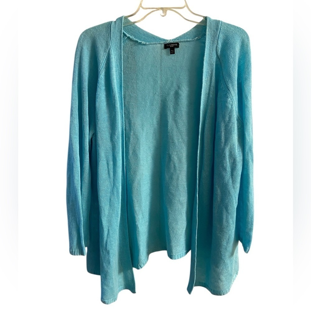 Talbots sweater cardigan open front turquoise linen XL petite